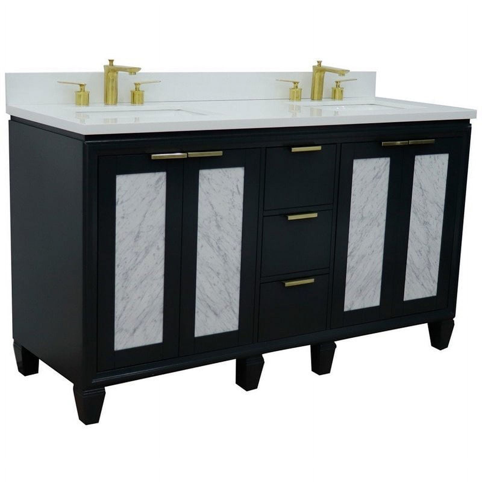 61 in. Double Rectangle Sink Vanity with Quartz Top, Dark Gray & White