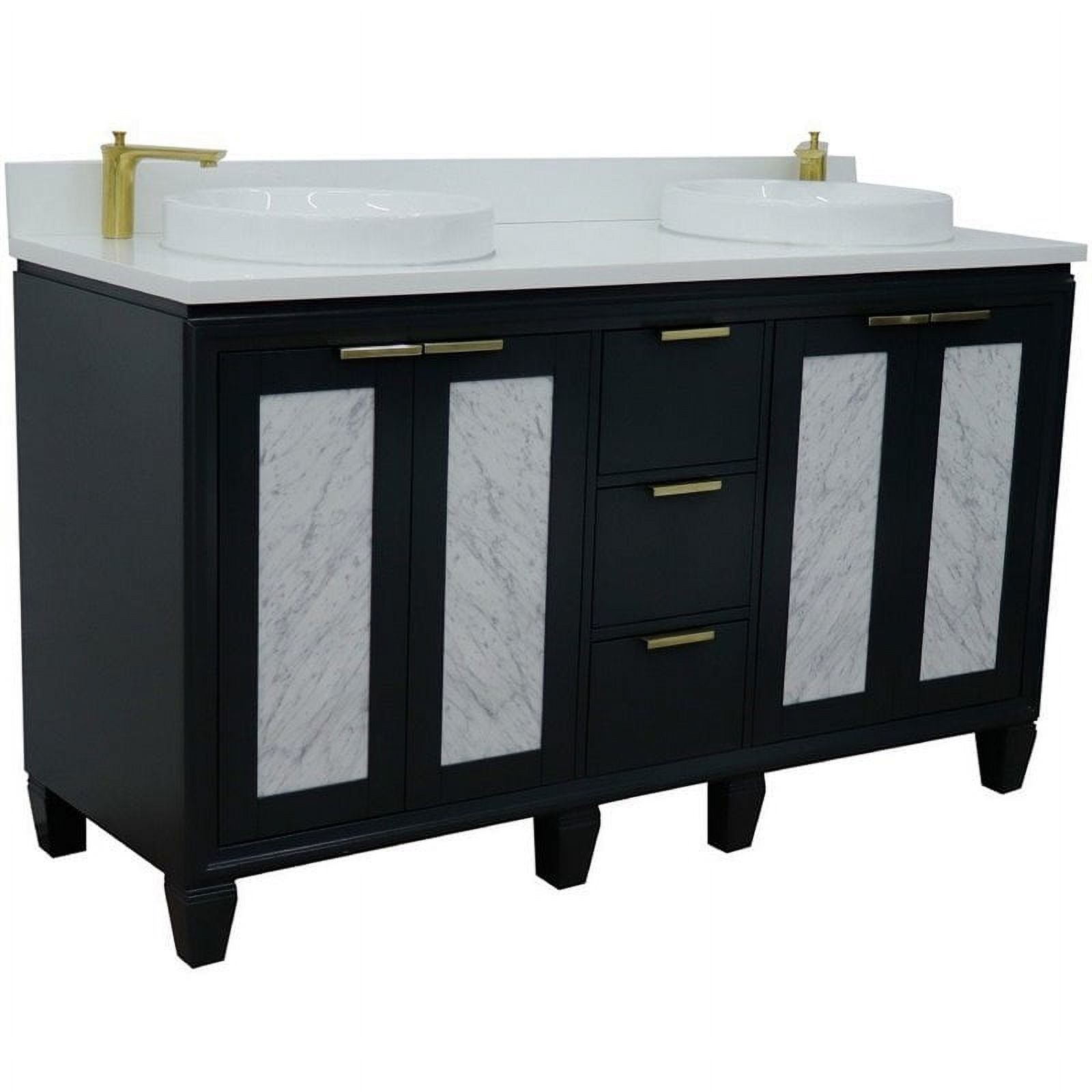 61 in. Double Round Sink Vanity with Quartz Top, Dark Gray & White
