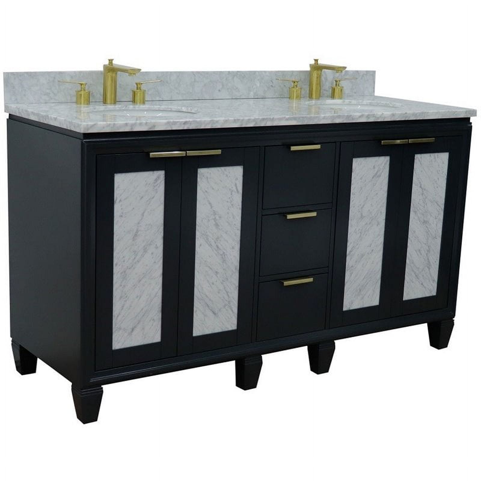 61 in. Double Oval Sink Vanity with Carrara Marble Top, Dark Gray & White