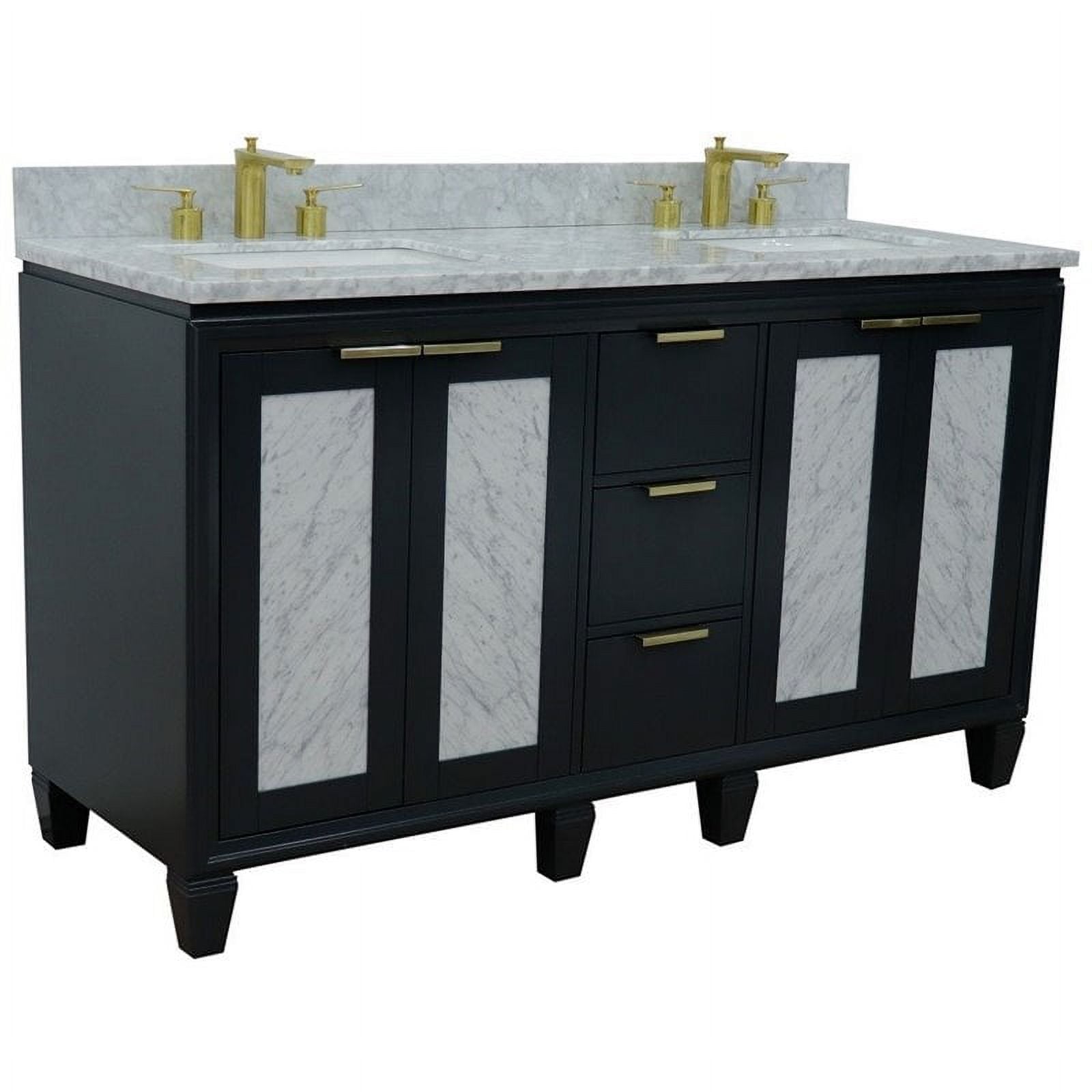 61 in. Double Rectangle Sink Vanity with Carrara Marble Top, Dark Gray & White