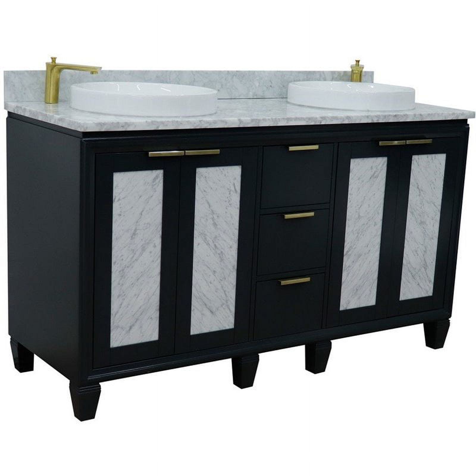 61 in. Double Round Sink Vanity with Carrara Marble Top, Dark Gray & White