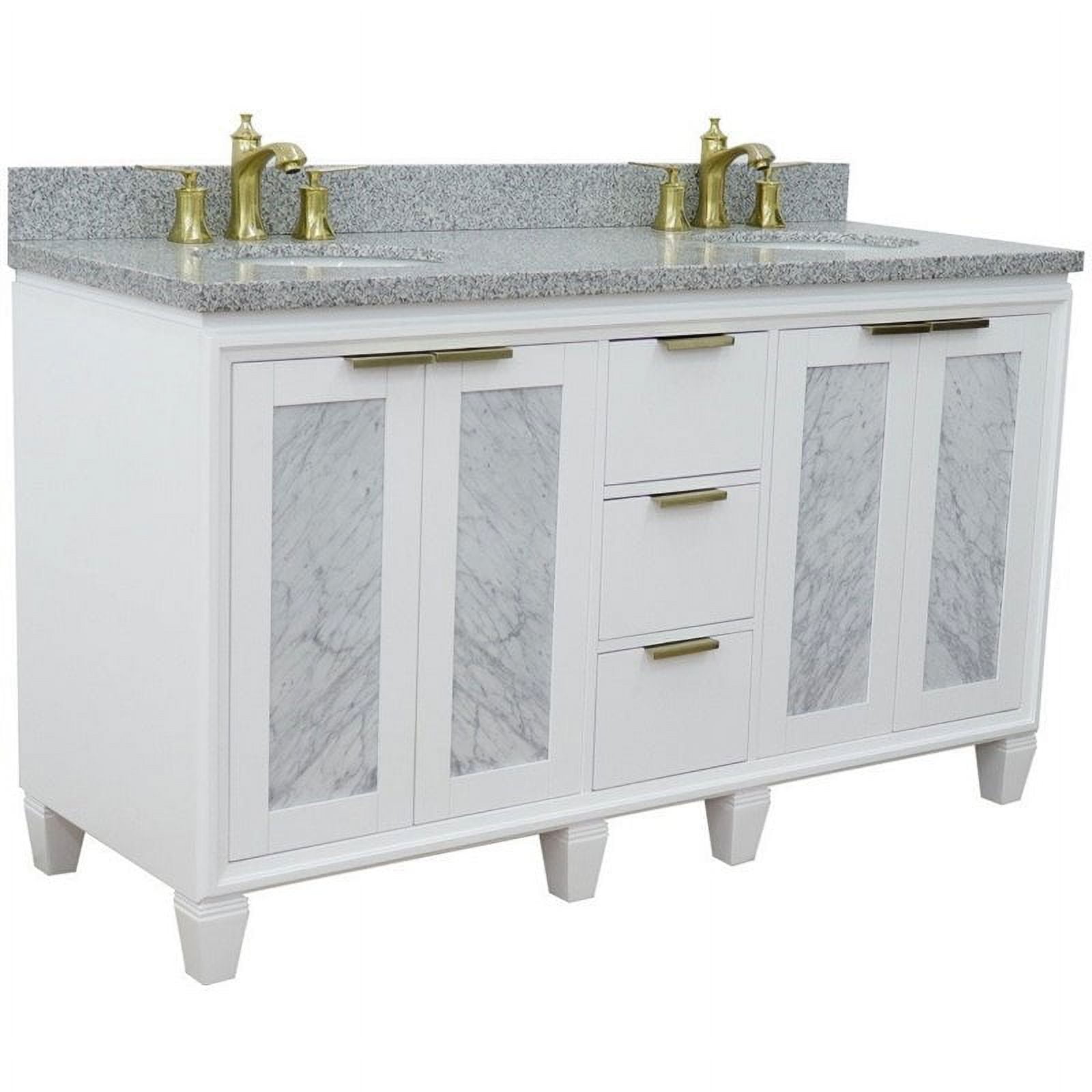 61 in. Double Oval Sink Vanity with Granite Top, White & Gray
