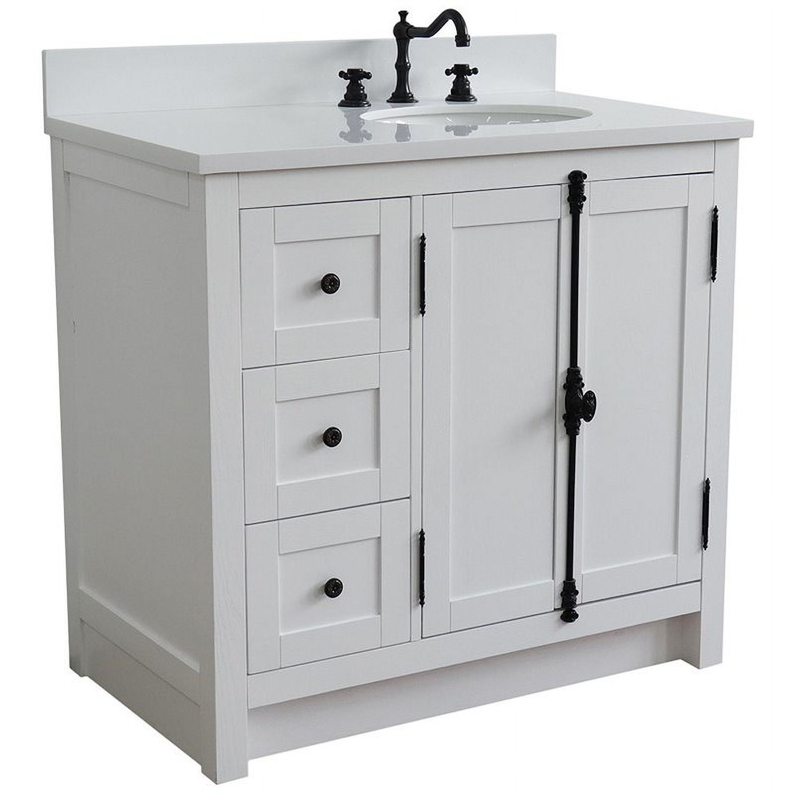 Bellaterra Home 400100-37R-GA-WEO 37 in. Single Oval Sink Vanity with Quartz Top, Glacier Ash & White - Right Doors & Sink -  Bellaterra Home LLc