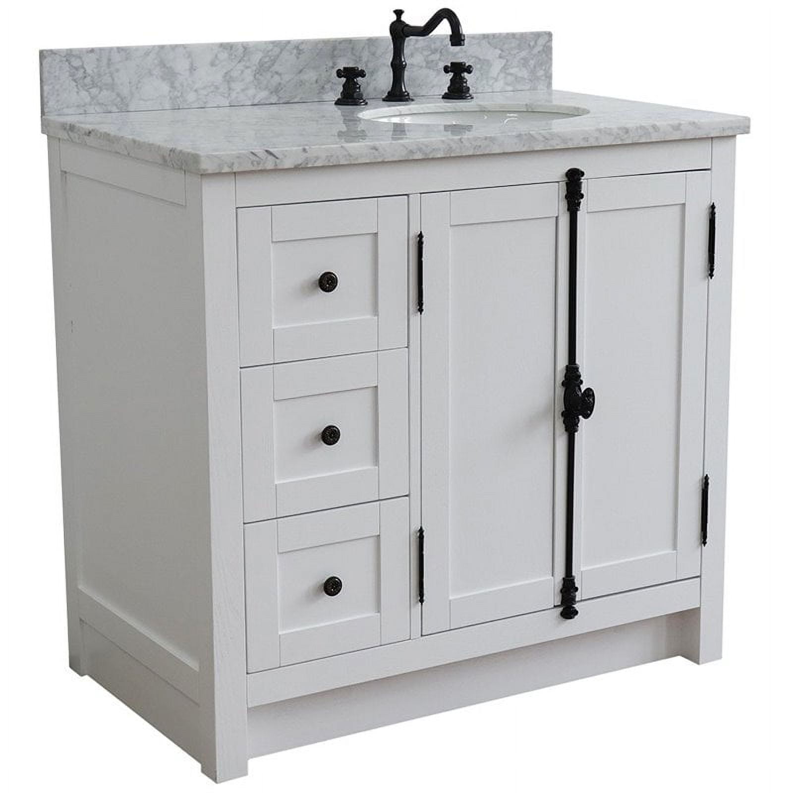 Bellaterra Home 400100-37R-GA-WMO 37 in. Single Vanity with Carrara Top & Oval Sink, Glacier Ash & White - Right Doors, Right Sink -  Bellaterra Home LLc