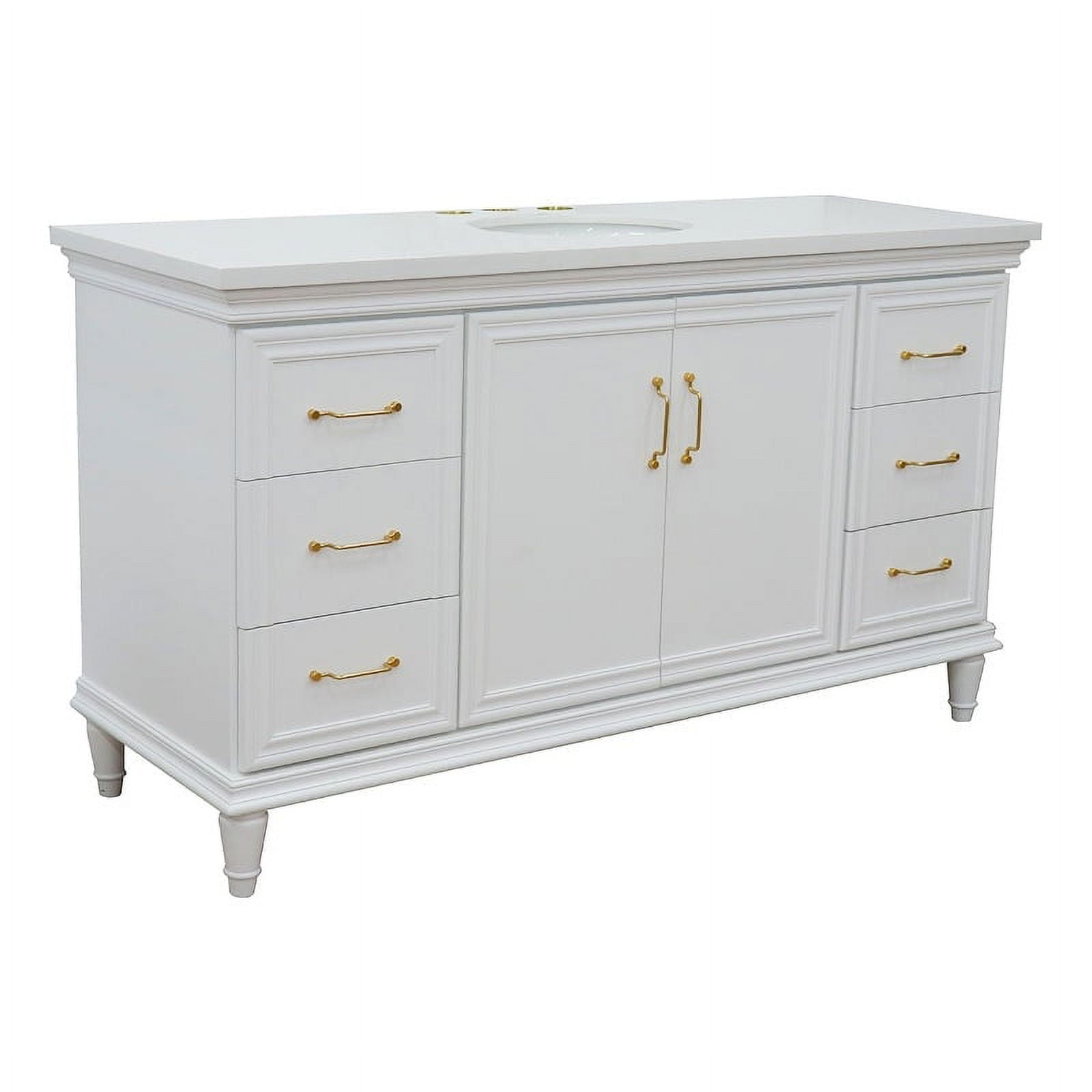 61 in. Single Oval Sink Vanity with Quartz Top, White