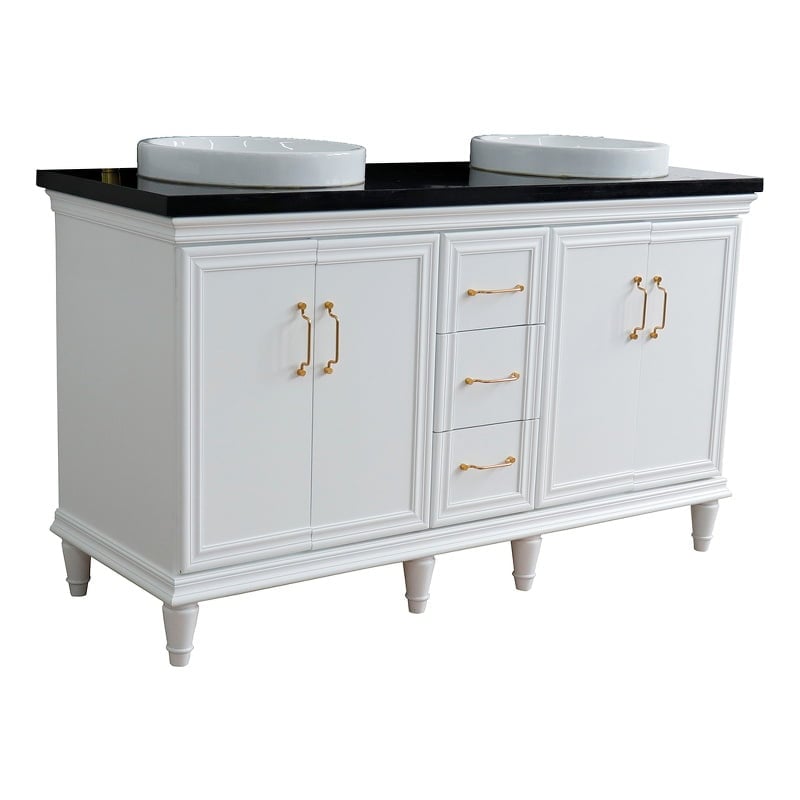 61 in. Double Round Sink Vanity with Galaxy Granite Top, White & Black