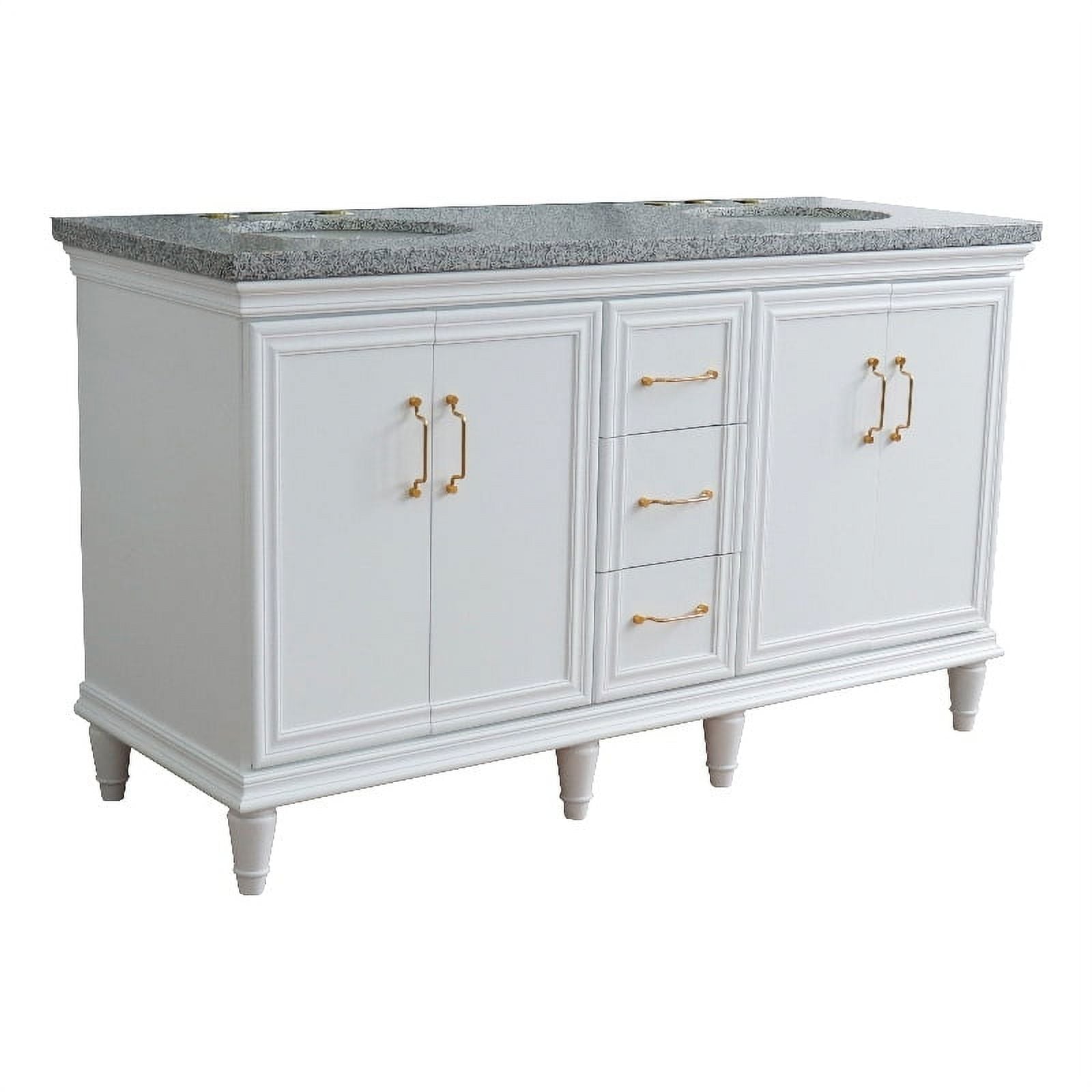 61 in. Double Oval Sink Vanity with Granite Top, White & Gray