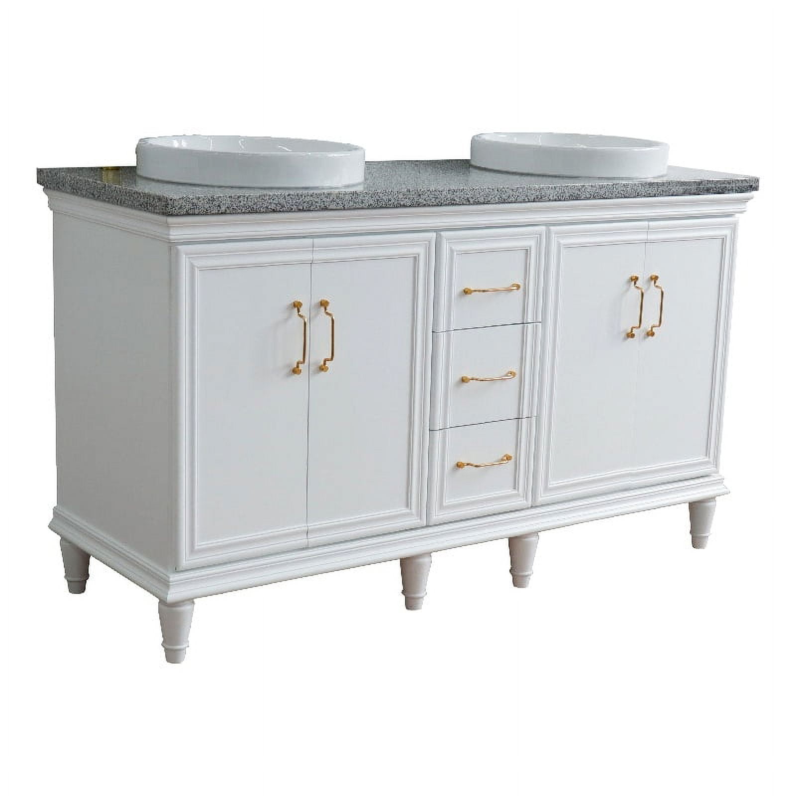 61 in. Double Rectangle Sink Vanity with Granite Top, White & Gray