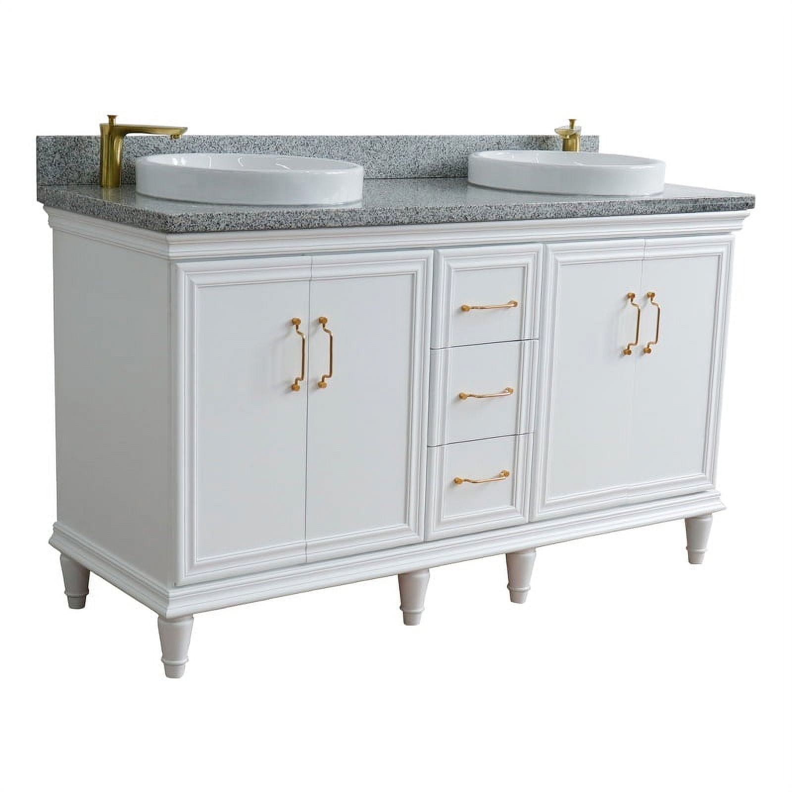 61 in. Double Round Sink Vanity with Granite Top, White & Gray