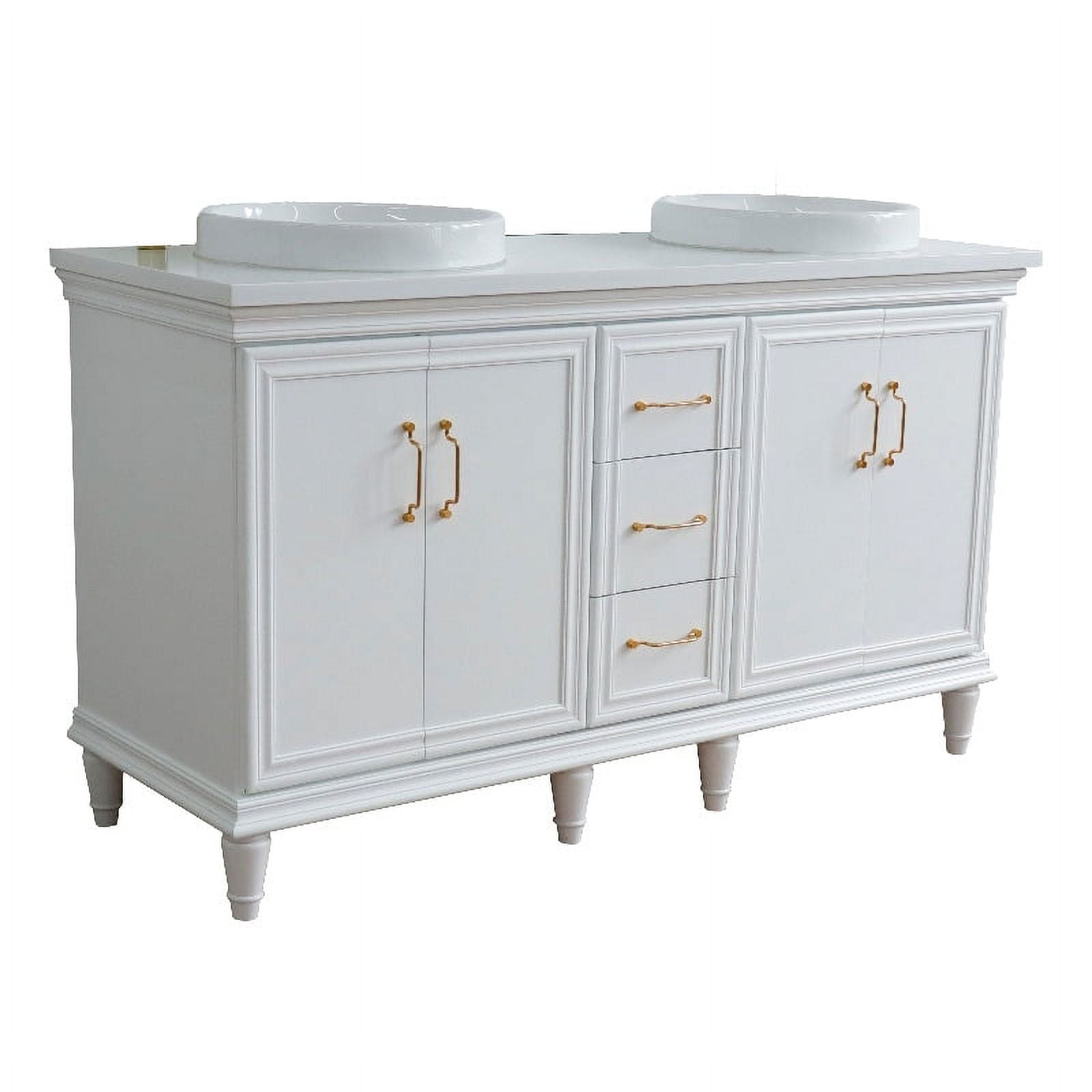 61 in. Double Round Sink Vanity with Quartz Top, White