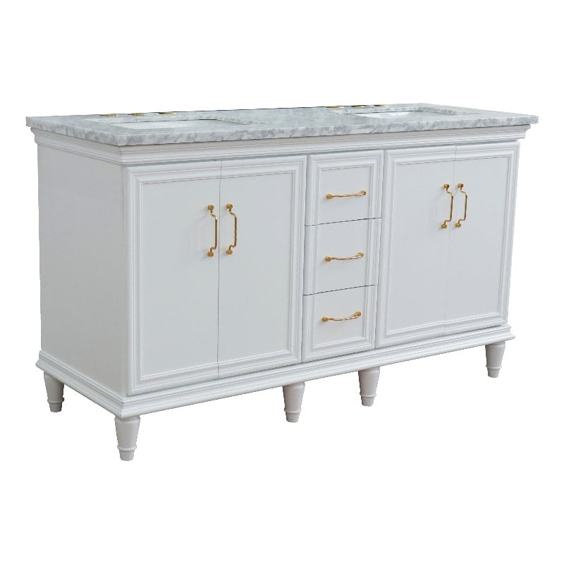 61 in. Double Rectangle Sink Vanity with Carrara Marble Top, White
