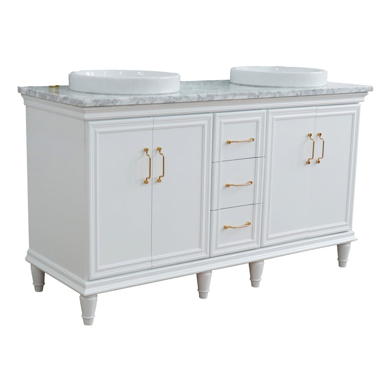 61 in. Double Round Sink Vanity with Carrara Marble Top, White