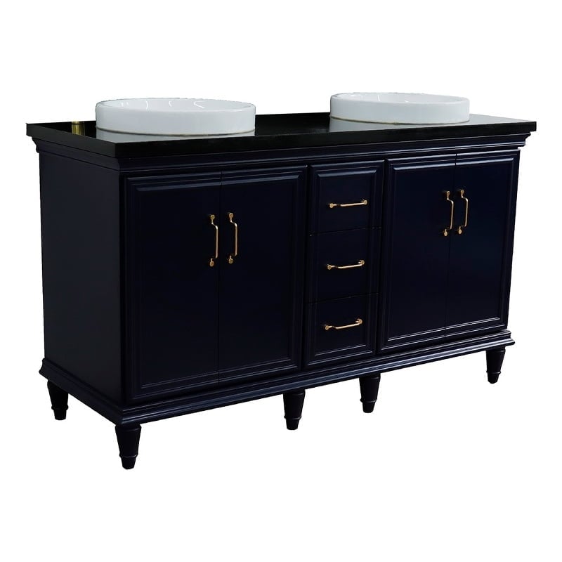 61 in. Double Round Sink Vanity with Galaxy Granite Top, Blue & Black