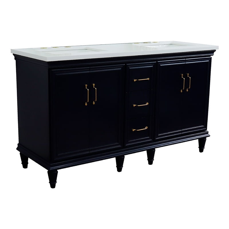 61 in. Double Rectangle Sink Vanity with Quartz Top, Blue & White
