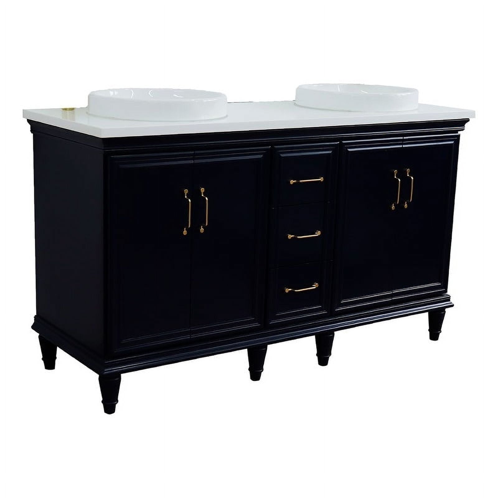61 in. Double Round Sink Vanity with Quartz Top, Blue & White