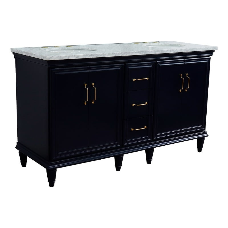 61 in. Double Oval Sink Vanity with Carrara Marble Top, Blue & White