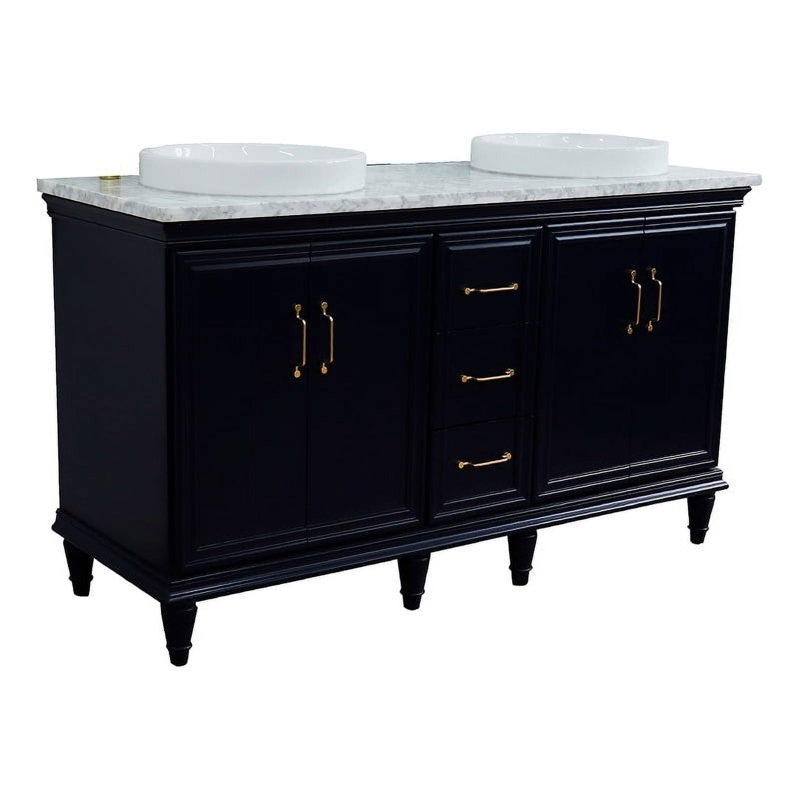 61 in. Double Round Sink Vanity with Carrara Marble Top, Blue & White
