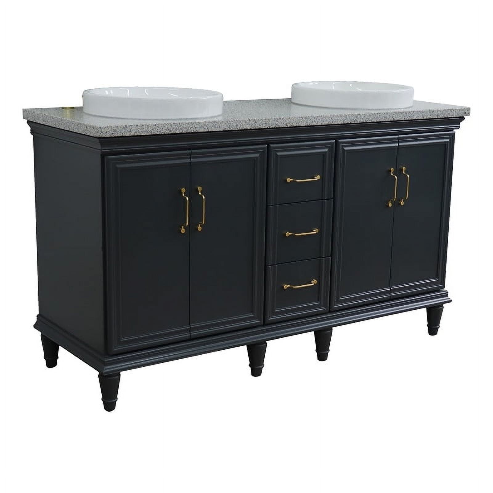 61 in. Double Round Sink Vanity with Granite Top, Dark Gray & Gray