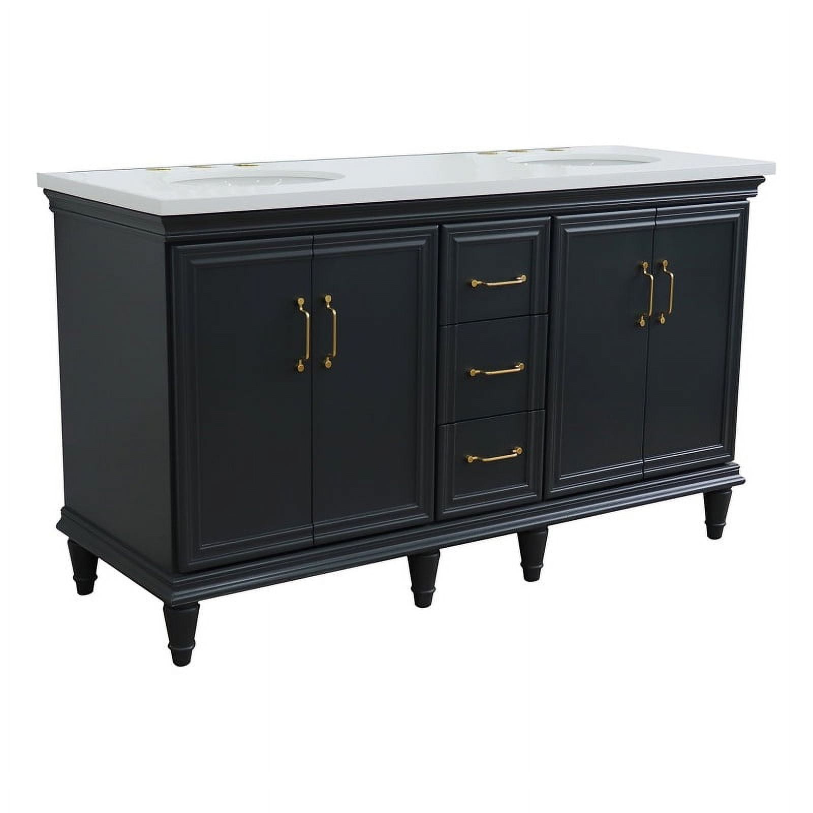 61 in. Double Oval Sink Vanity with Quartz Top, Dark Gray & White