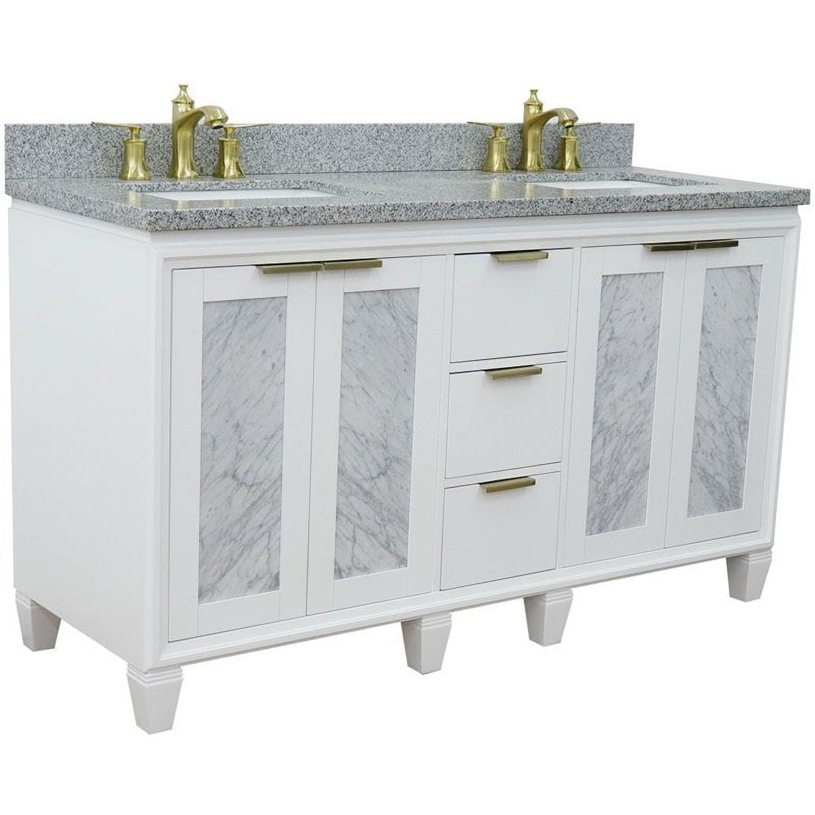 61 in. Double Rectangle Sink Vanity with Granite Top, White & Gray