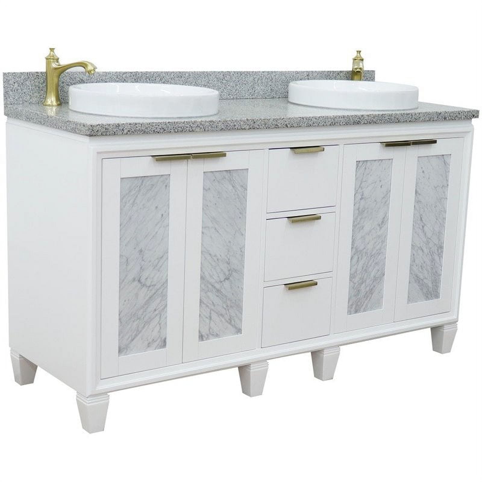 61 in. Double Round Sink Vanity with Granite Top, White & Gray