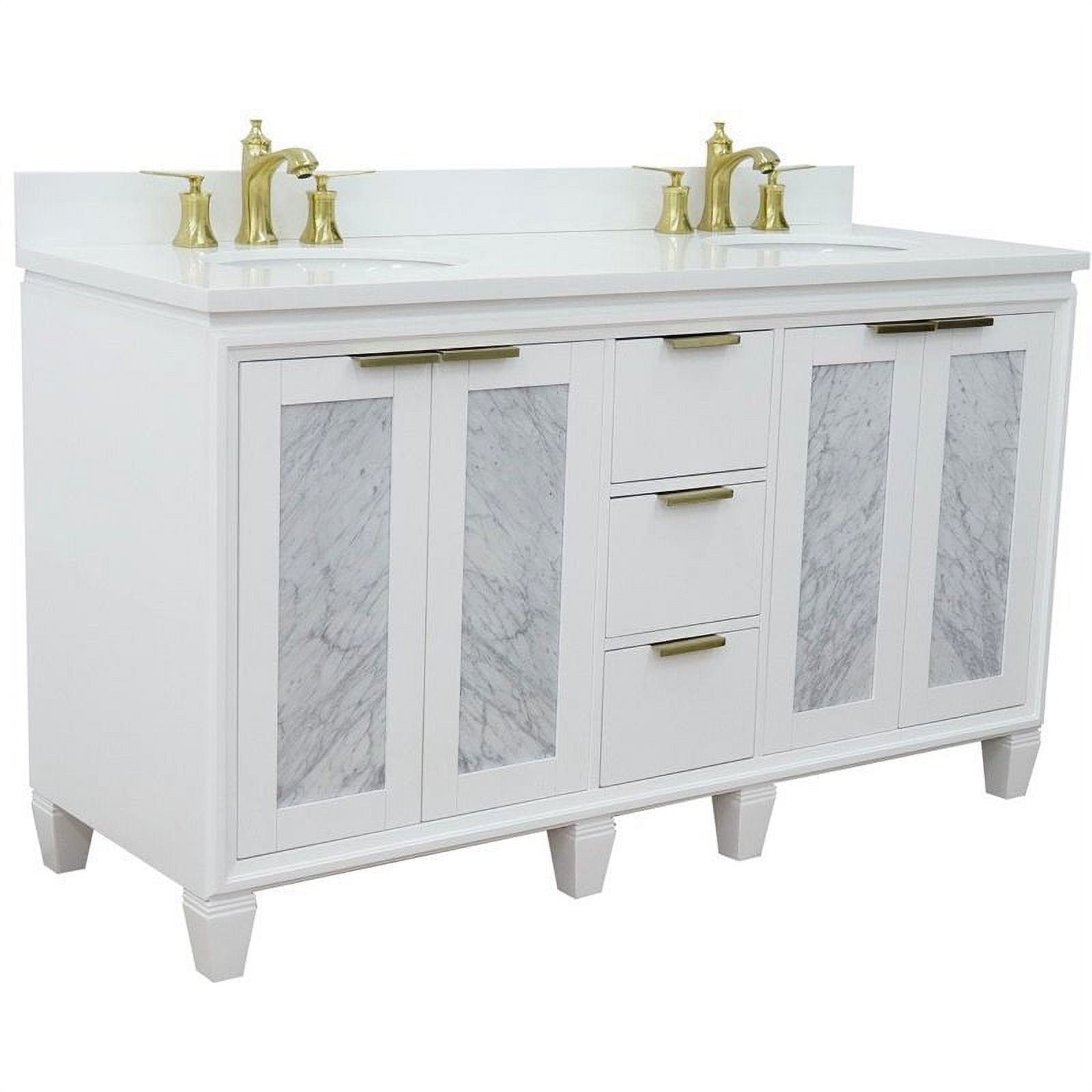 61 in. Double Oval Sink Vanity with Quartz Top, White