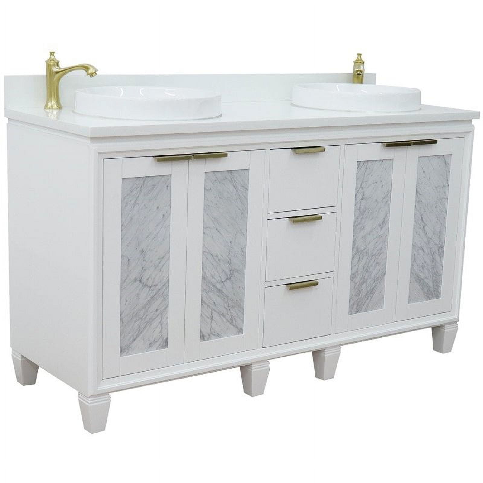 61 in. Double Round Sink Vanity with Quartz Top, White