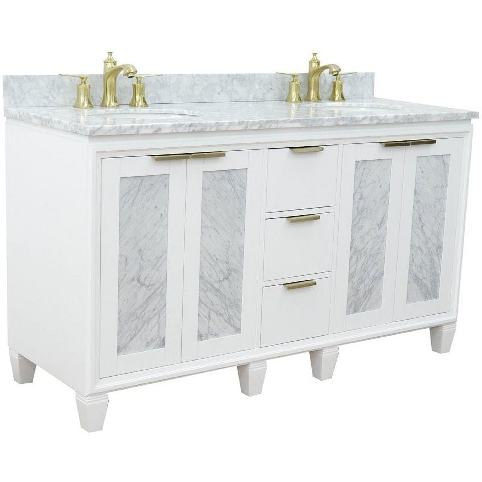 61 in. Double Oval Sink Vanity with Carrara Marble Top, White