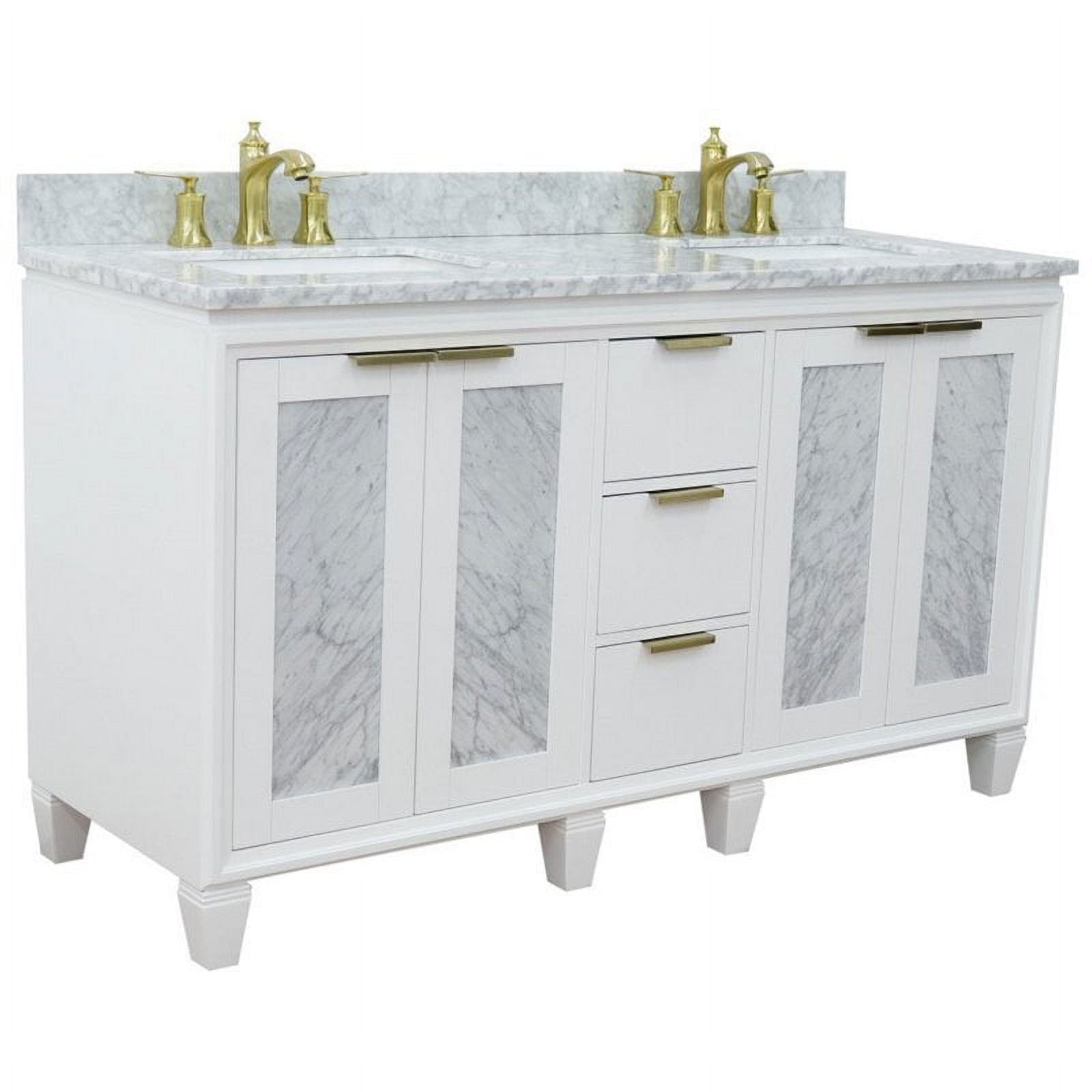 61 in. Double Rectangle Sink Vanity with Carrara Marble Top, White