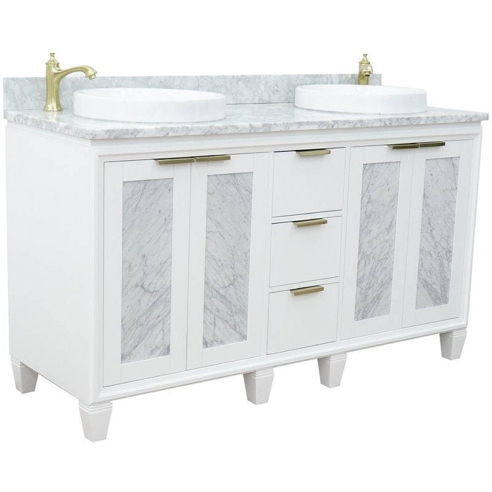 61 in. Double Round Sink Vanity with Carrara Marble Top, White