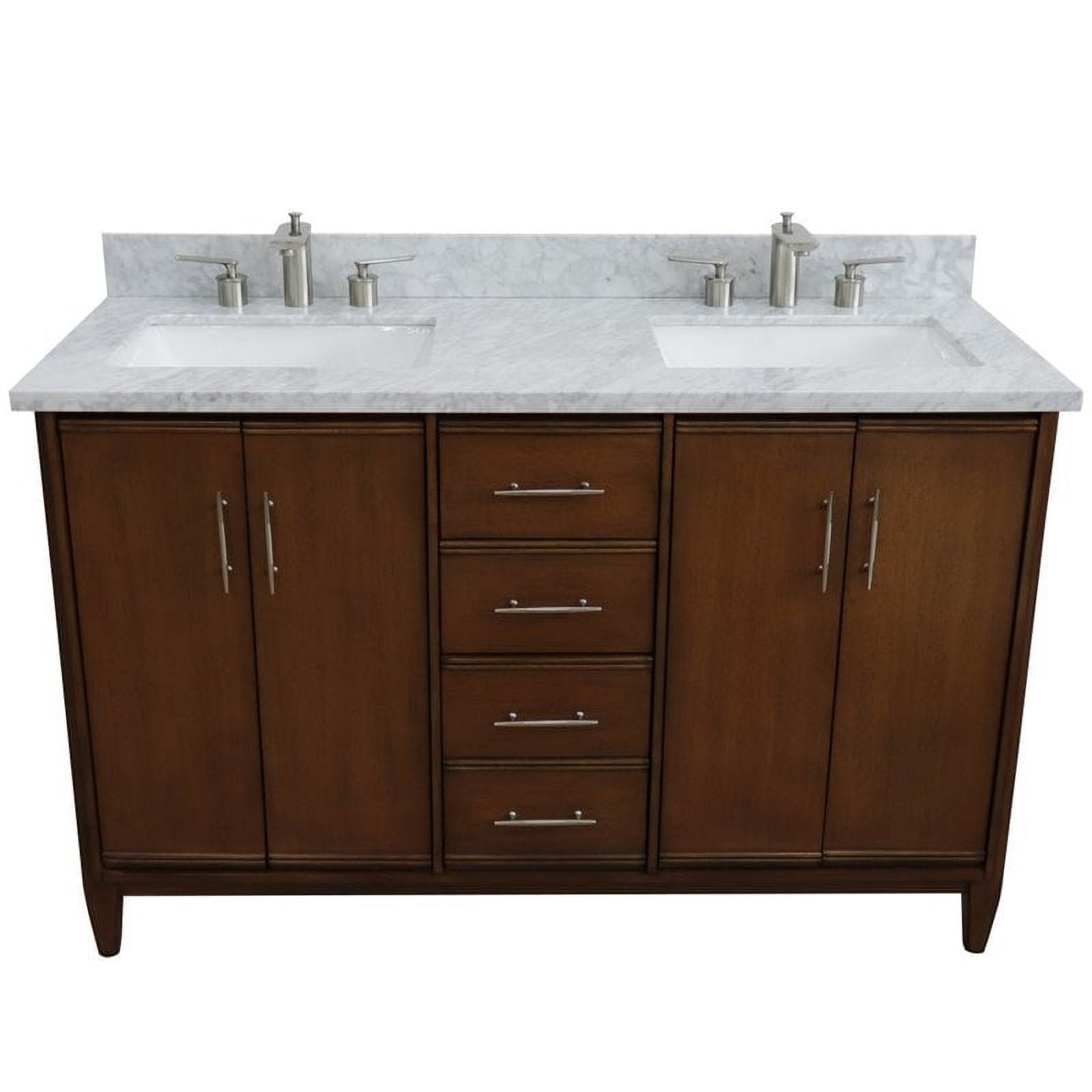 55 in. Double Rectangle Sink Vanity with Carrara Marble Top, Walnut & White