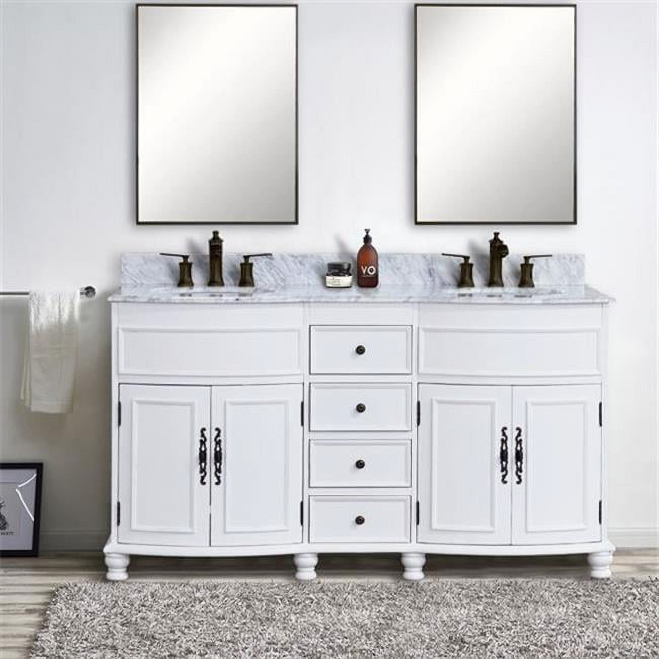 62 in. Double Sink Vanity with Carrara Marble Top, Antique White & White