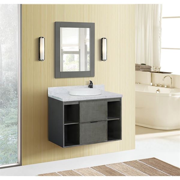 Bellaterra Home 400502-CAB-LY-WMRD 37 in. Paris Exposed Collection Single Wall Mount Vanity - Linen Gray Finish, White Carrara Top & Round Sink
