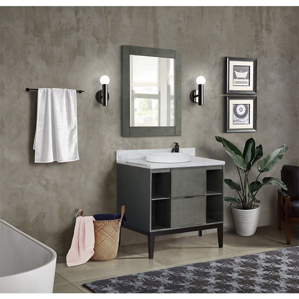 Bellaterra Home 400502-LY-WMRD 37 in. Paris Exposed Collection Single Vanity - Linen Gray Finish, White Carrara Top & Round Sink