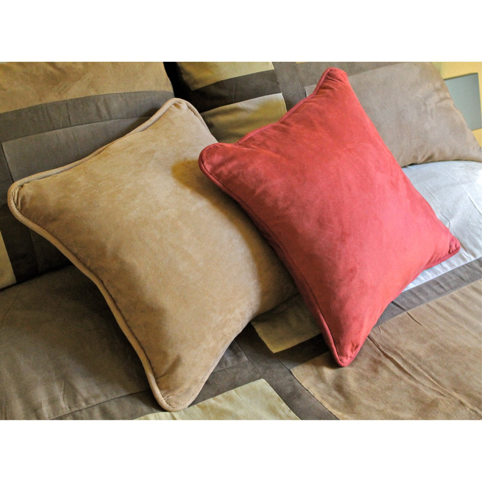9810-CD-S2-MS-RW 18 in. Double-Corded Solid Microsuede Square Throw Pillows with Inserts, Red Wine - Set of 2