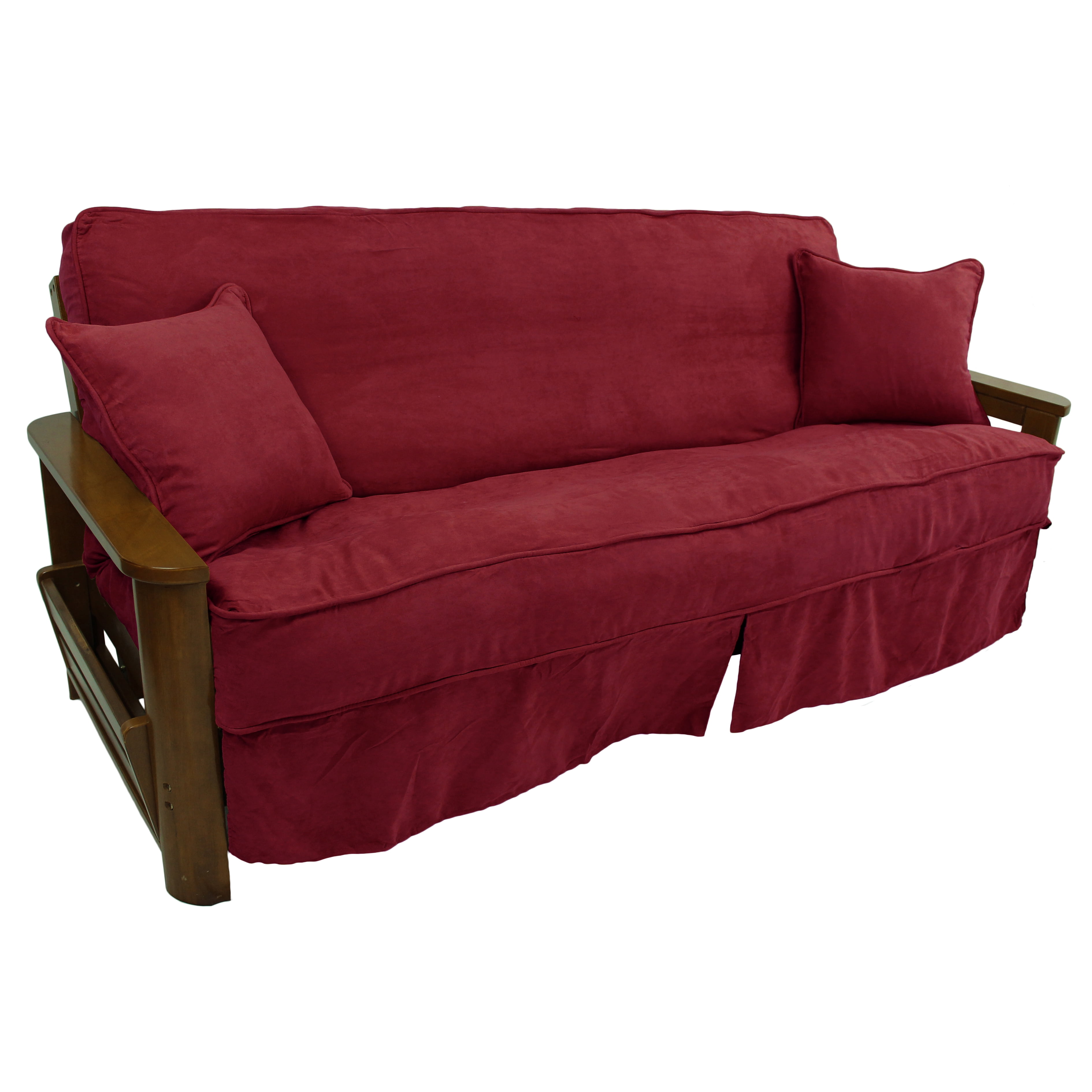 Picture of Blazing Needles 9671-CD-MS-RW 8 to 9 in. Solid Microsuede Double Corded Full Futon Slipcover Set with Two 18 in. Throw Pillows&#44; Red Wine - Set of 3