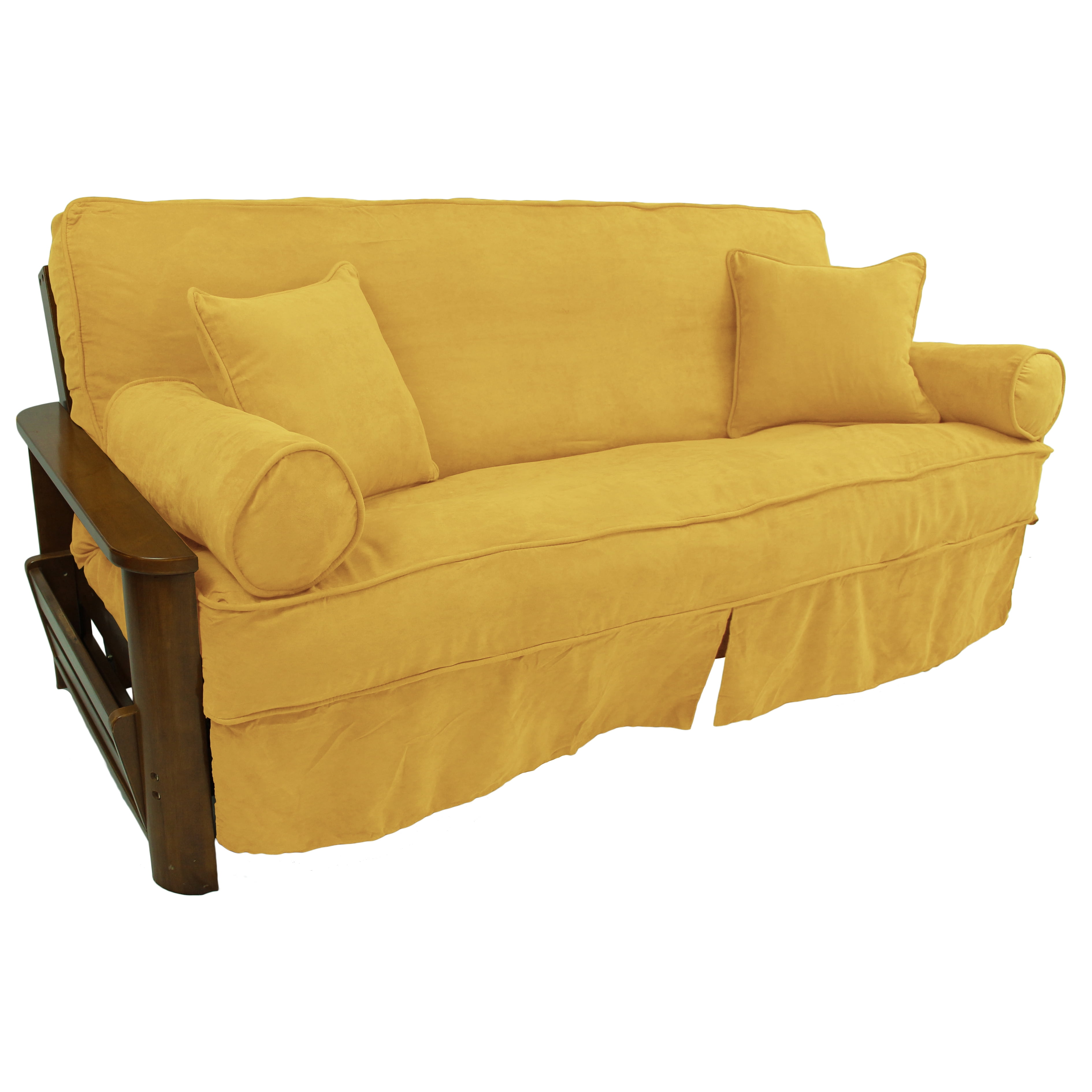 Picture of Blazing Needles 9672-CD-MS-LM 8 to 9 in. Solid Microsuede Double Corded Full Futon Slipcover Set with Four Throw Pillows&#44; Lemon - Set of 5