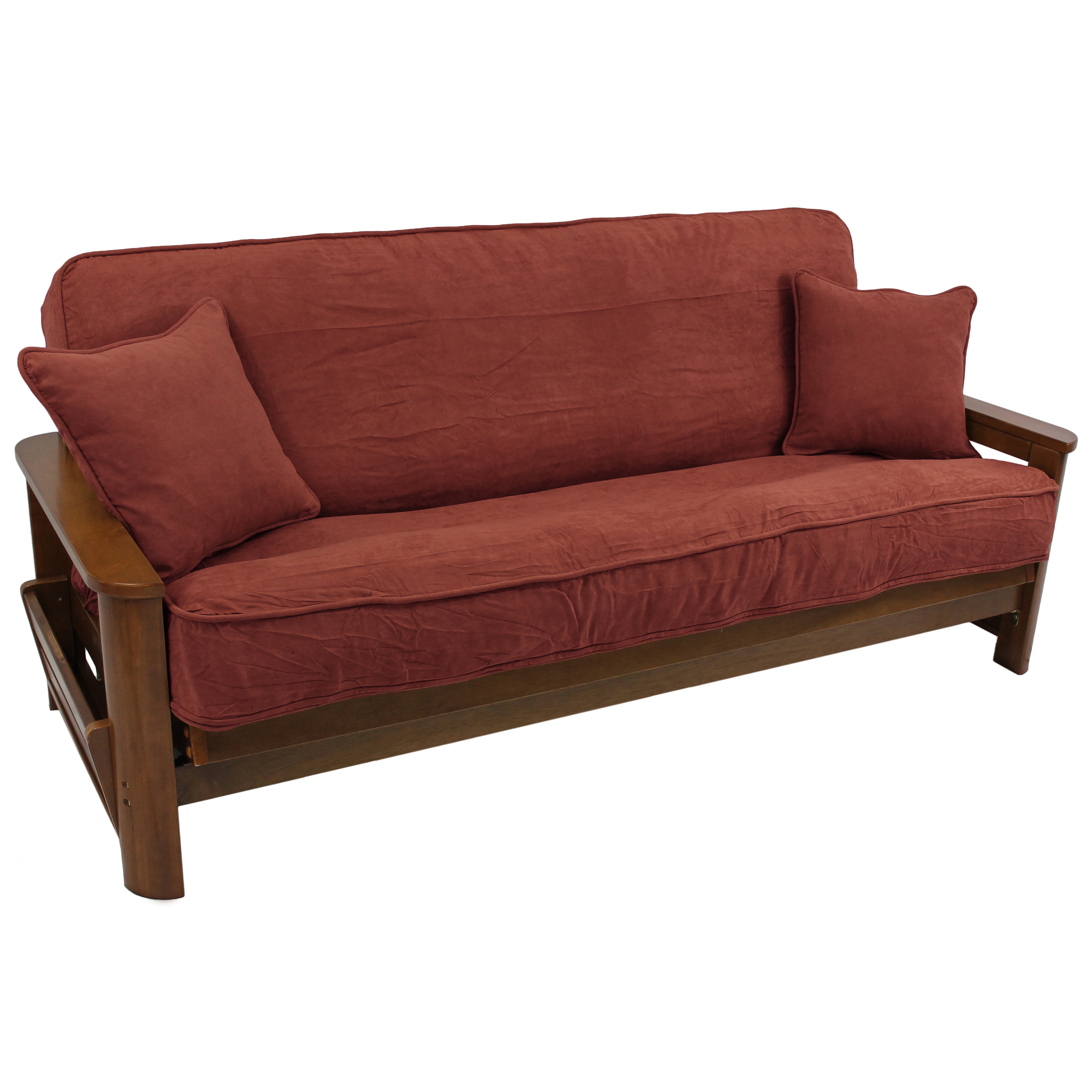 9682-CD-MS-RW 8 to 9 in. Solid Microsuede Double Corded Full Futon Cover Set with Two 18 in. Throw Pillows, Red Wine - Set of 3