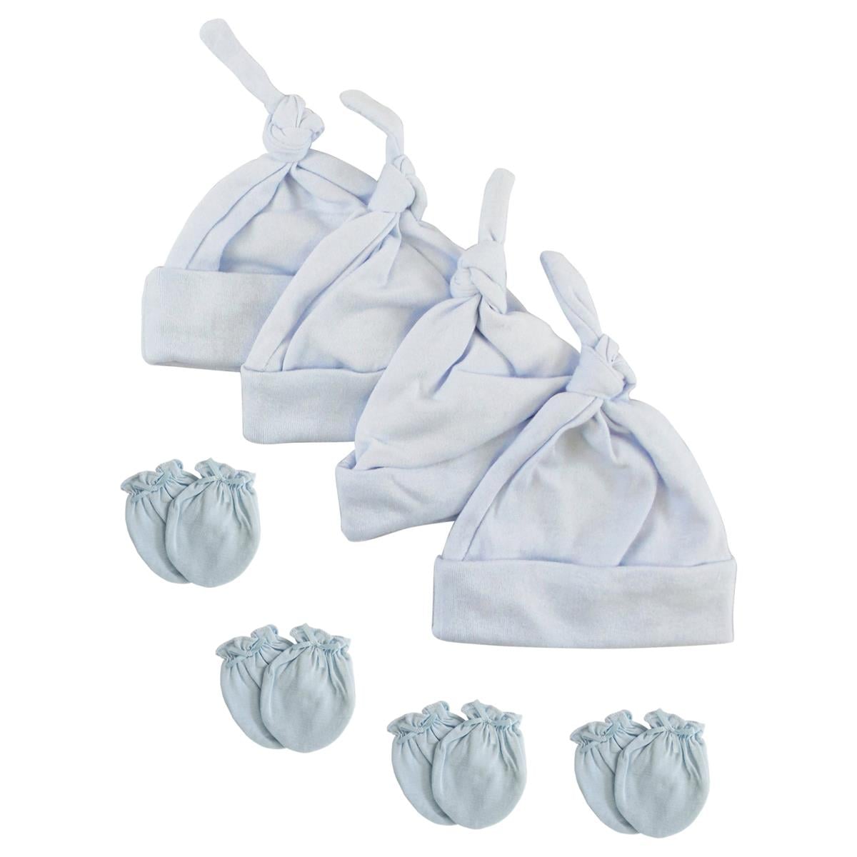 NC-0939 Boys Knotted Caps & Mittens Set, White & Blue - Newborn - 8 Piece