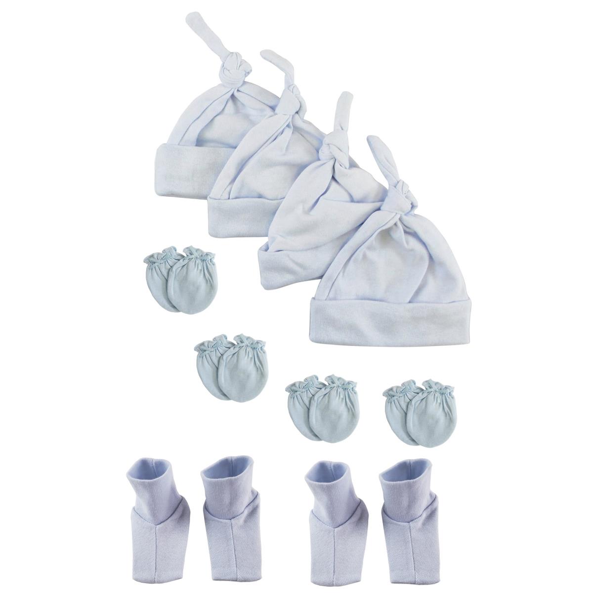 NC-0940 Boys Knotted Caps, Booties & Mittens Set, White & Blue - Newborn - 10 Piece