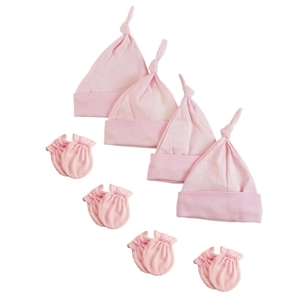 Picture of Bambini NC-0941 Girls Knotted Caps & Mittens Set&#44; White & Pink - Newborn - 8 Piece
