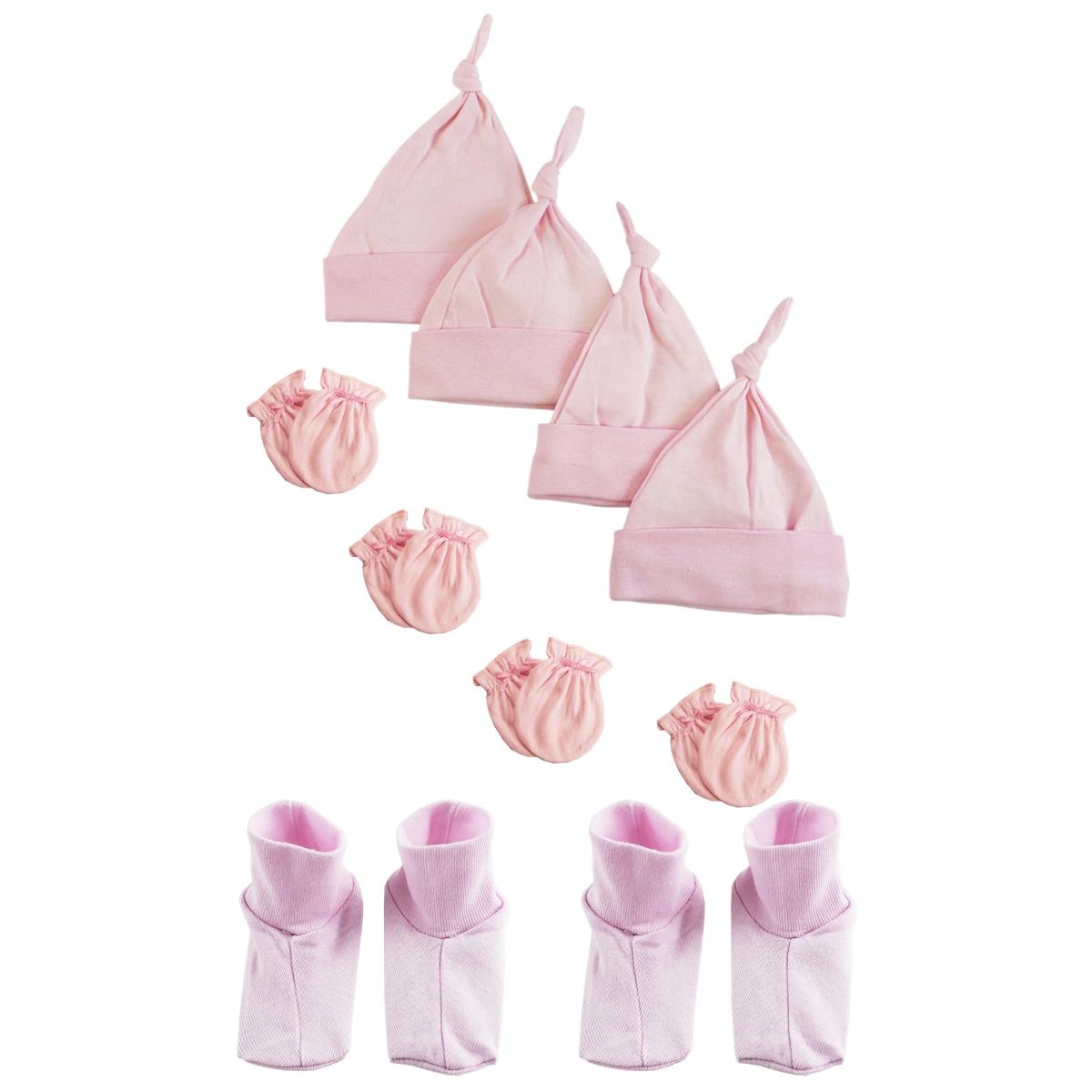 Picture of Bambini NC-0942 Girls Knotted Caps&#44; Booties & Mittens Set&#44; White & Pink - Newborn - 10 Piece