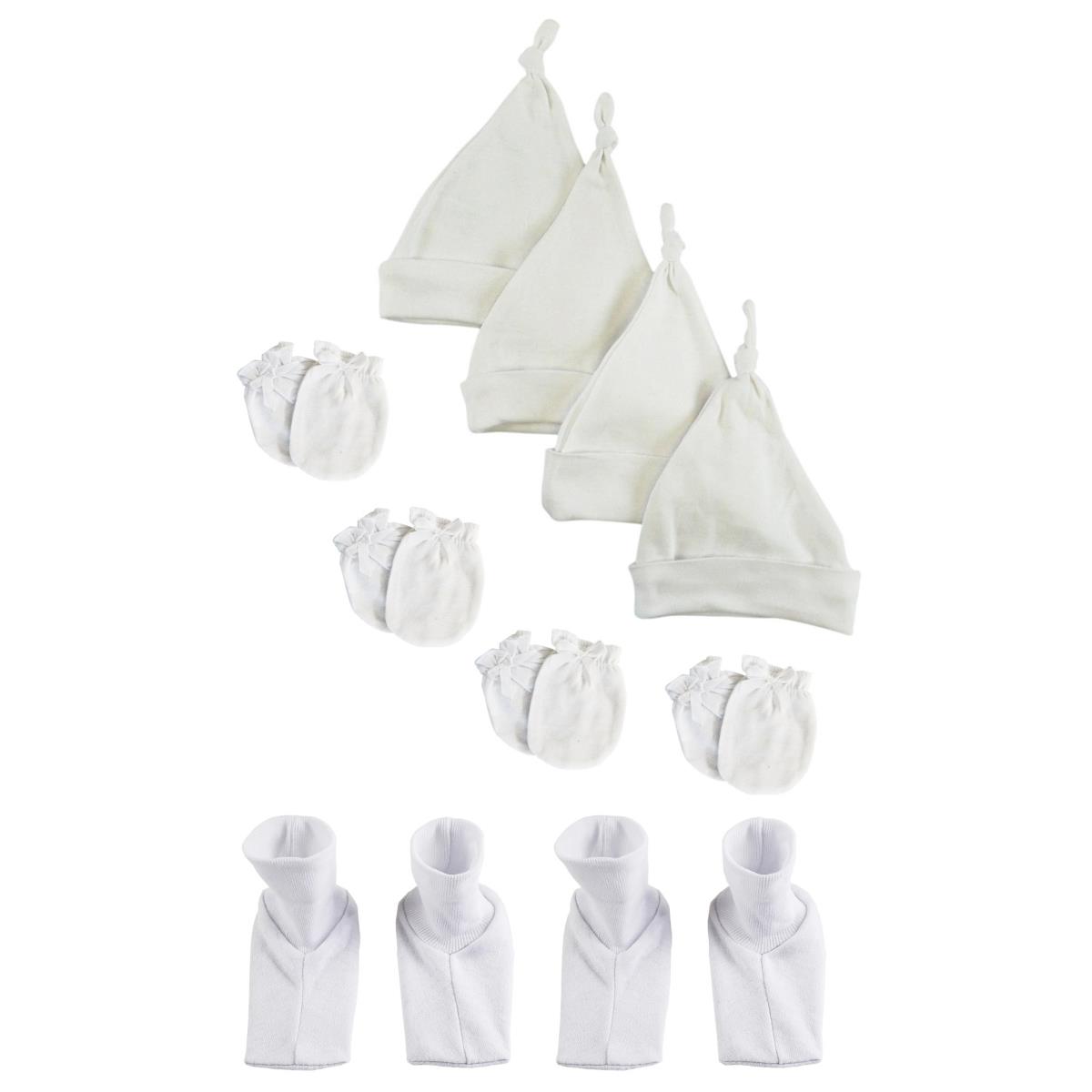 Picture of Bambini NC-0943 Unisex Knotted Caps&#44; Booties & Mittens Set&#44; White - Newborn - 10 Piece