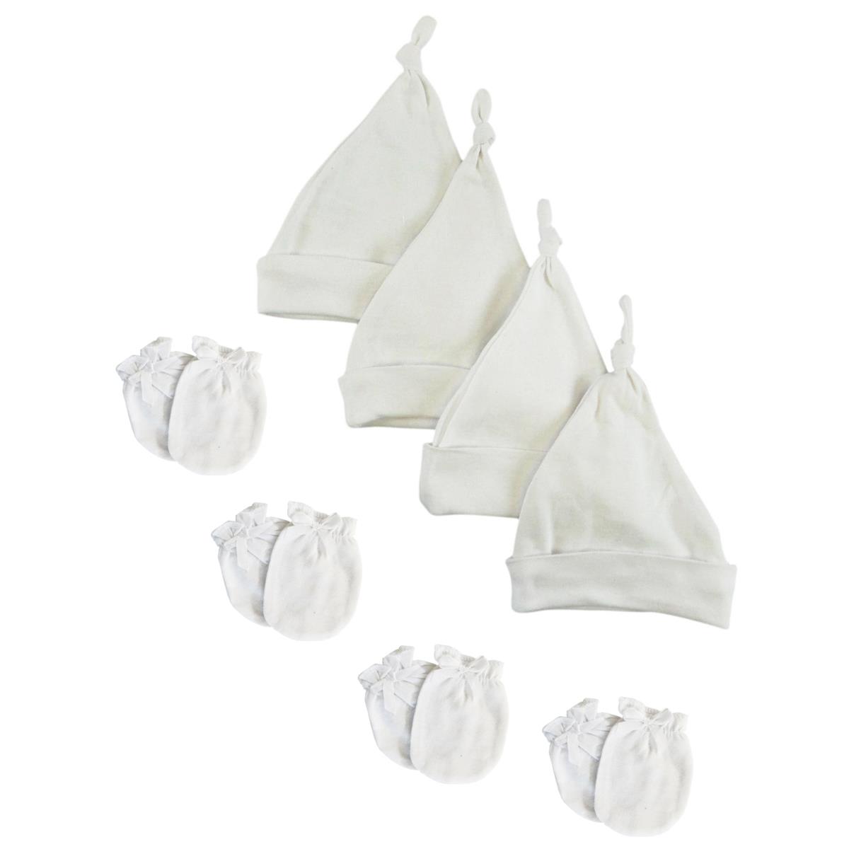 Picture of Bambini NC-0944 Unisex Knotted Caps & Mittens Set&#44; White - Newborn - 8 Piece