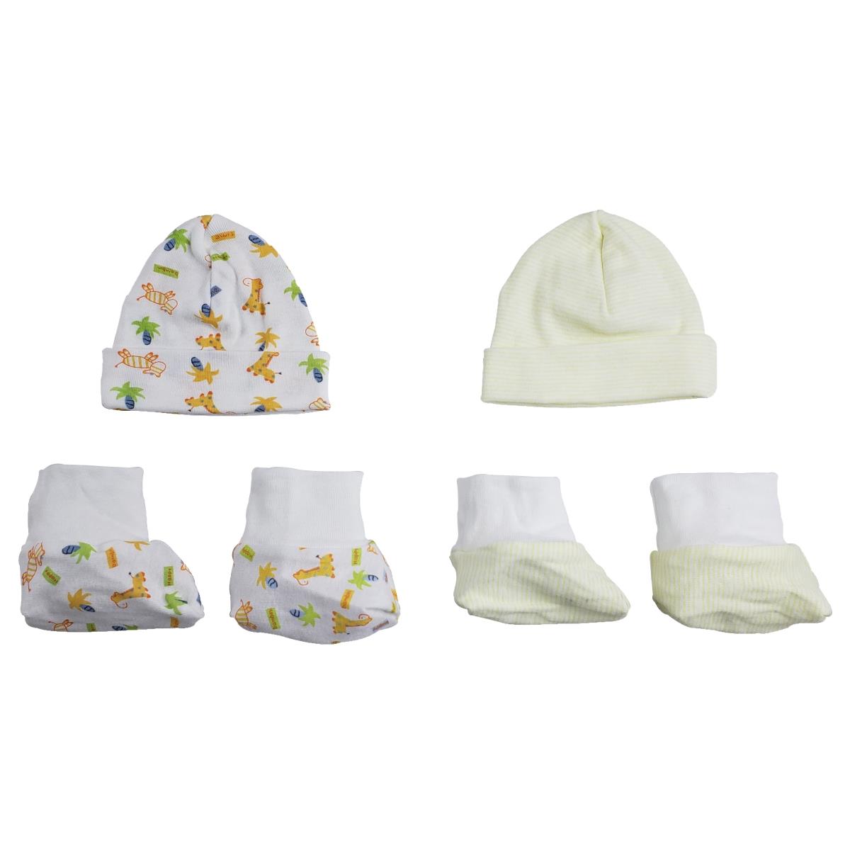 CS-0028 Unisex Caps, Booties Set, White & Yellow - Newborn - 4 Piece
