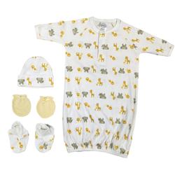 NC-0253 Newborn Baby Boy, Girl, Unisex Infant Gown, Caps, Booties, Mittens Set, White & Yellow - 4 Piece