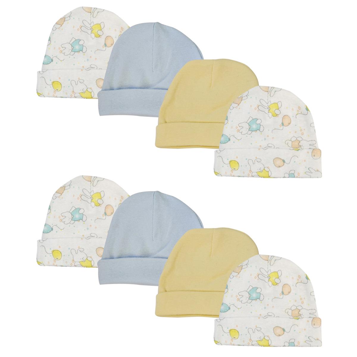 NC-0260 Boys Baby Caps, White & Blue - Newborn - Pack of 8