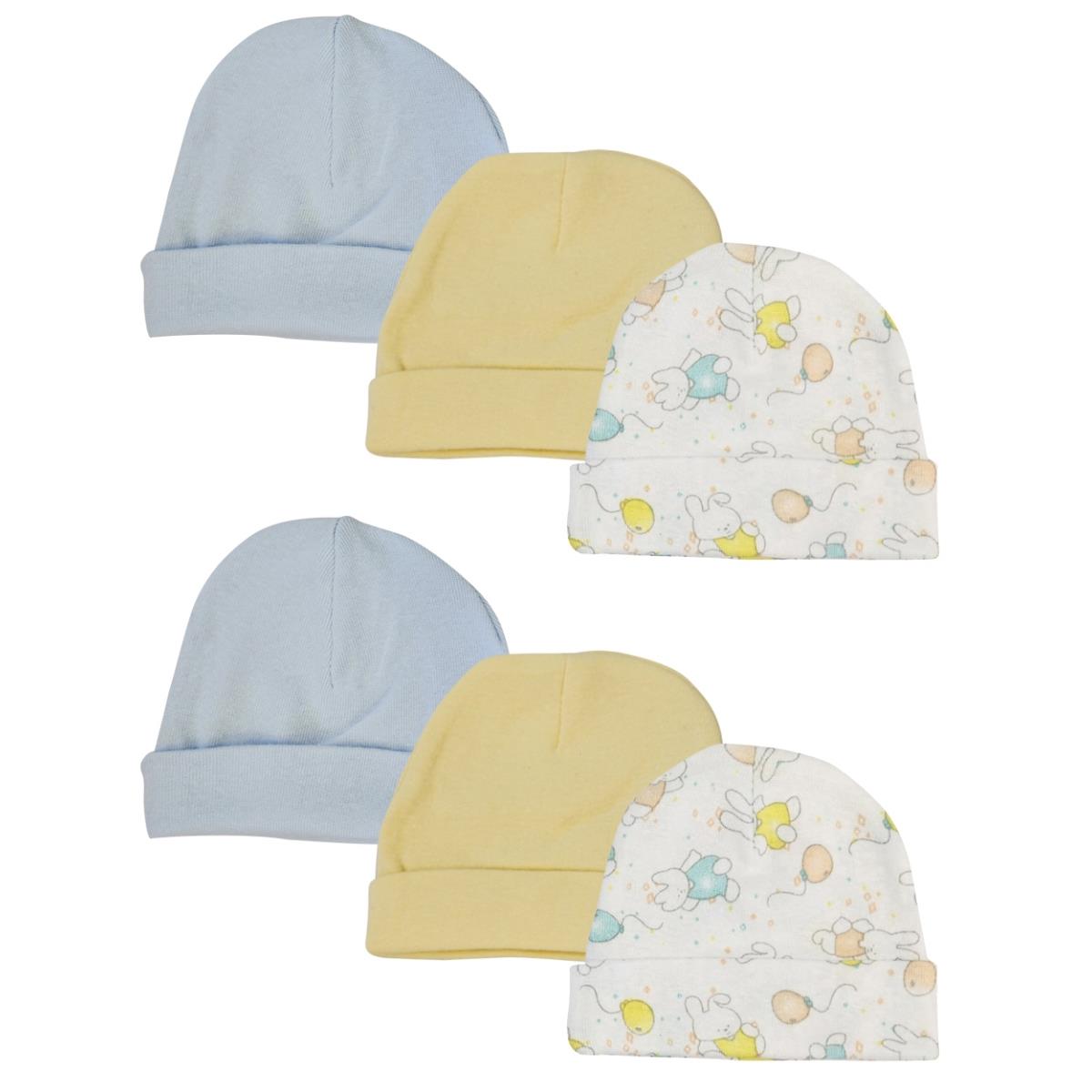 NC-0263 Boys Baby Caps, White & Blue - Newborn - Pack of 6