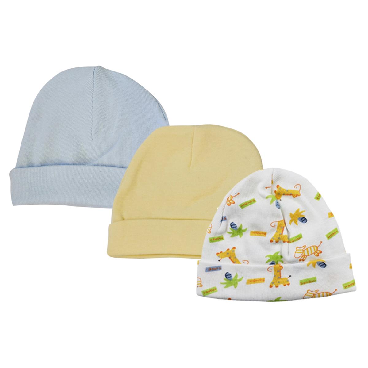 NC-0309 Baby Boy Infant Caps, White & Blue - Newborn - Pack of 3