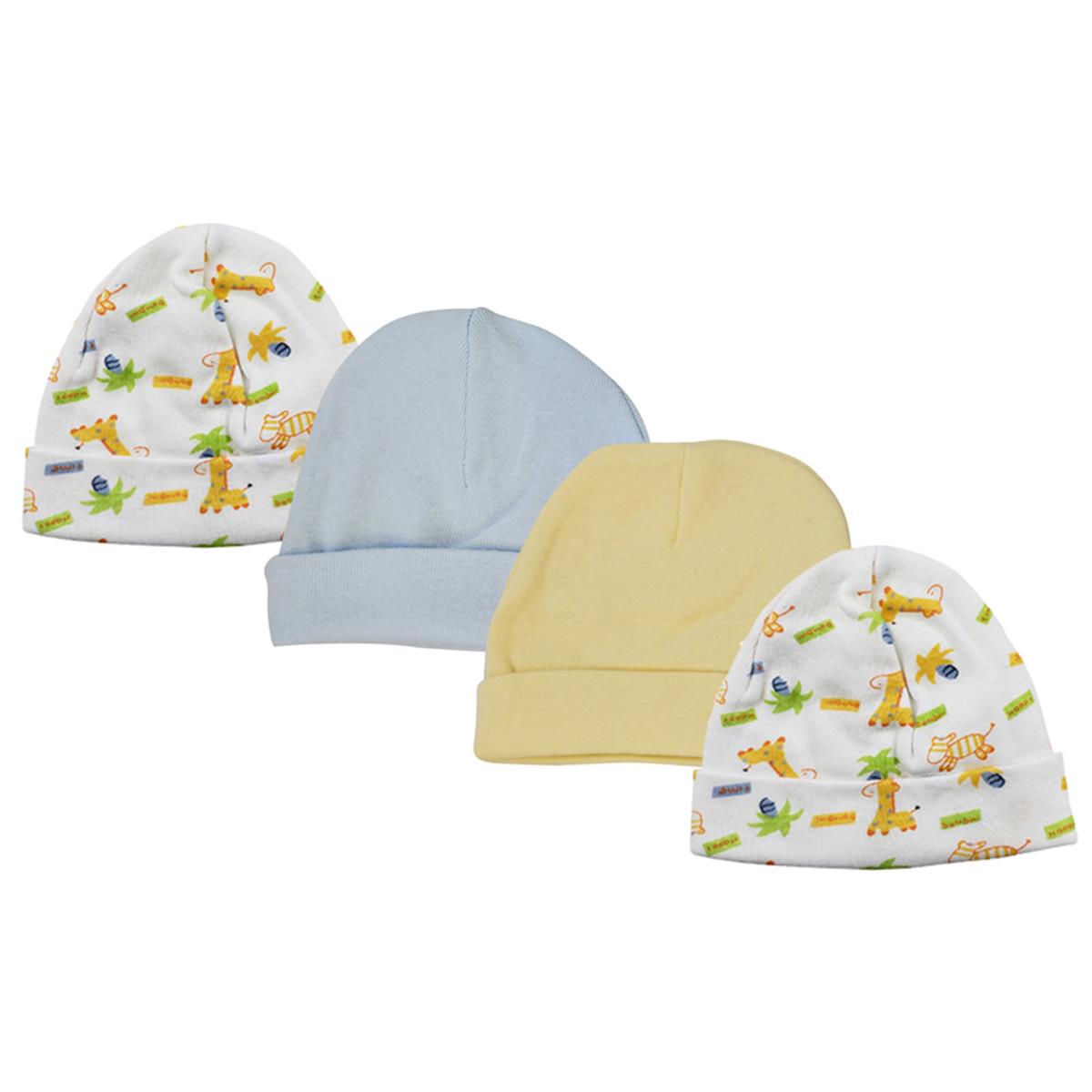 NC-0310 Baby Boy Infant Caps, White & Blue - Newborn - Pack of 4
